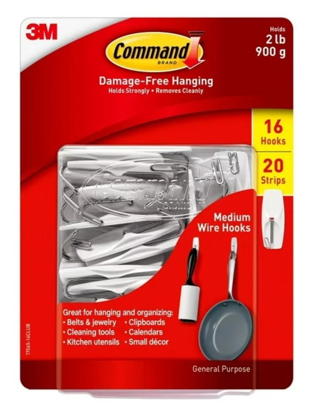 3M/Command: Medium Wire Hook (2 lbs), 16 Hooks, 20 Strips/Pack
